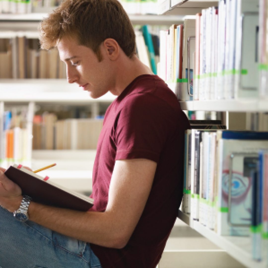 student reading at library holmes institute, australia